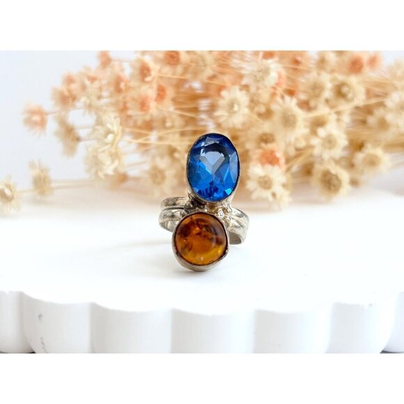 Blue Topaz Baltic Ambe Gemstone Modernist Sterling Silver Vintage Ring sz 5.75 - Picture 2 of 10